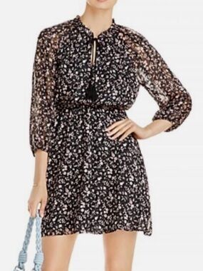 Aqua Black and Pink Floral Tie-Neck Mini Dress